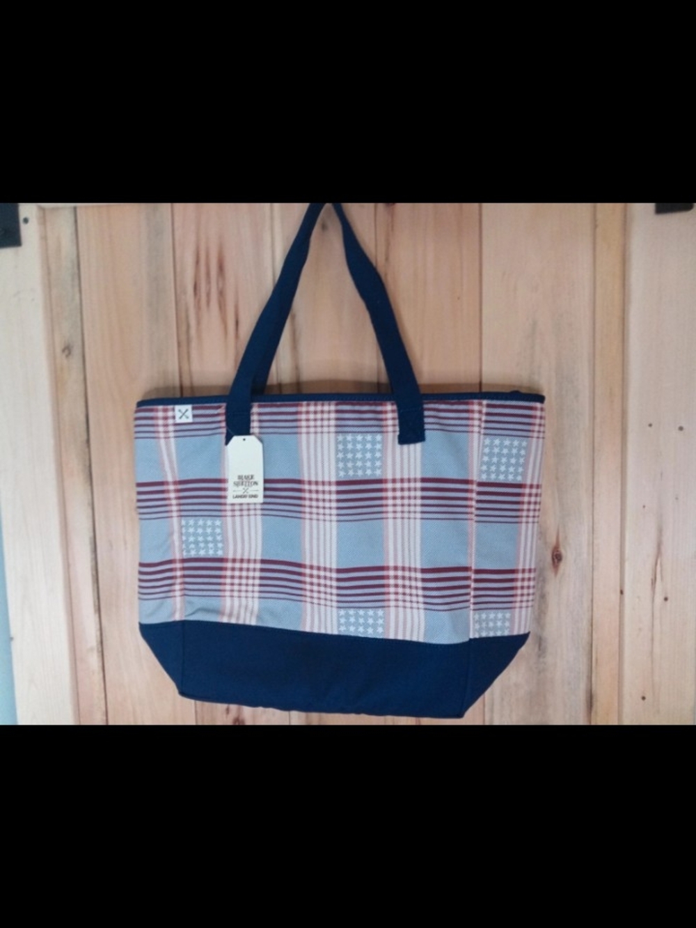 Lands End Plaid Cooler Tote Bag with Navy Trim